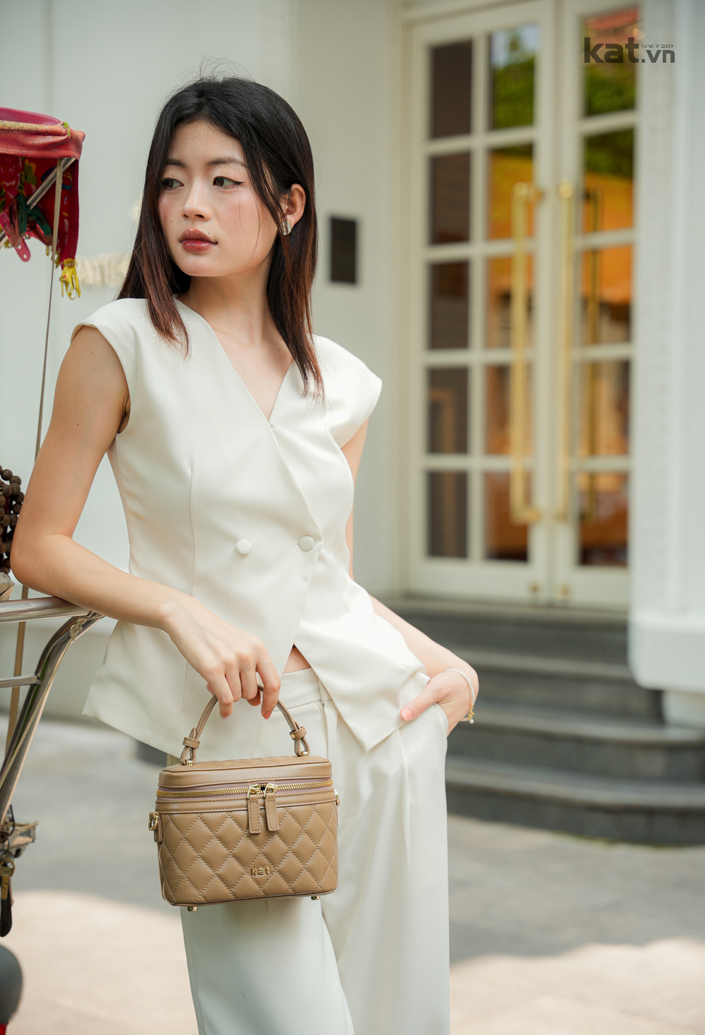 túi cốp màu beige Harper da thật