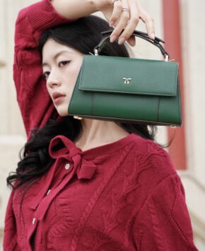 Túi cầm tay da thật Kat – Min màu xanh rêu