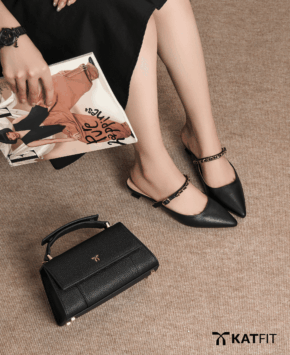 Giày Mules hở gót màu đen Lim da thật